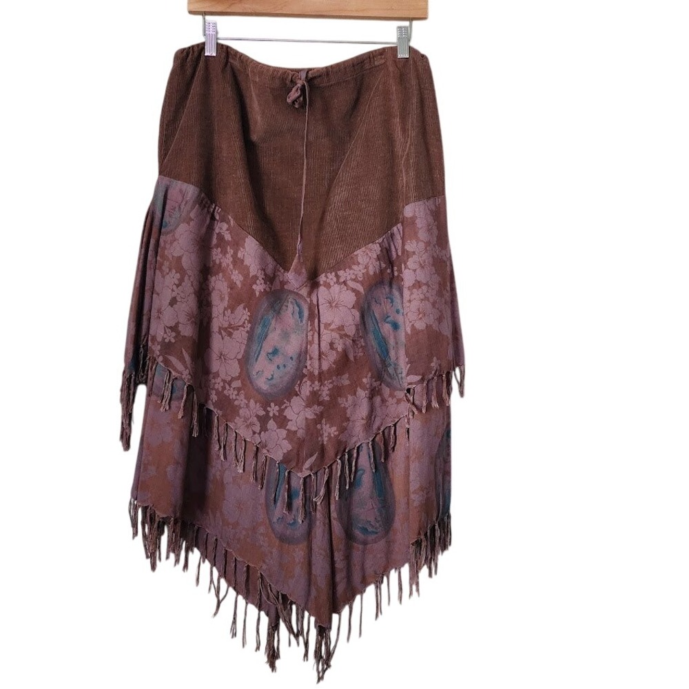 KATHMANDU IMPORTS Boho Fringe Maxi Skirt Brown Floral Festival Gypsy One Size